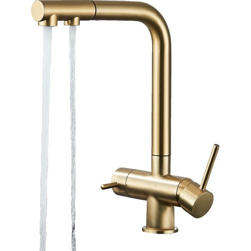 Felix | 3-Way Premium Gold Matt Pull-Out Tap | Gastro Stainless Steel Osmosis Tap Kitchen | Mixer Tap - 360 Degrees | Filter 3 Connections