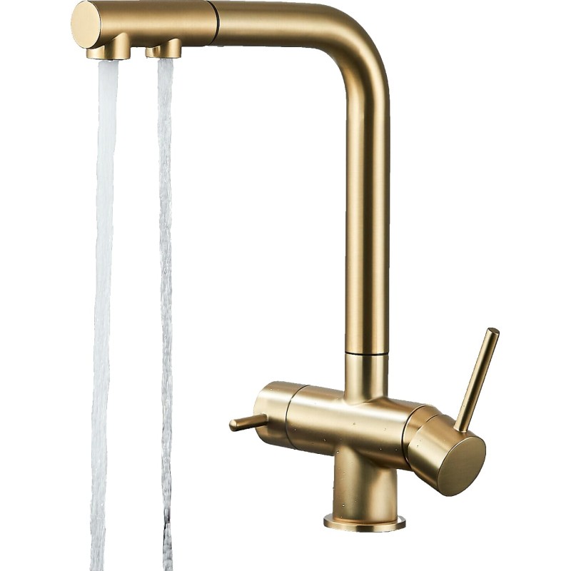 Felix | 3-Way Premium Gold Matt Pull-Out Tap | Gastro Stainless Steel Osmosis Tap Kitchen | Mixer Tap - 360 Degrees | Filter 3 Connections