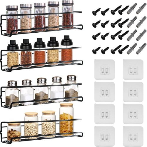 Wall Spice Rack, Pack of 4 Spice Racks, No Drilling, Hanging Metal Spice Rack with 8 Drill-Free Hooks and 16 Screws, 29 x 6.6 x 6.4 cm, Suitable for Spice Jars, Pantry Doors and Kitchen Cabinets