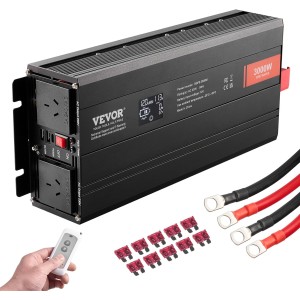 VEVOR Pure Sine Wave Inverter 3000W DC12V AC 230V Voltage Converter 2 AC Sockets 2 USB Ports 1 Type-C Port LCD Display and Remote Control for Large Household Appliances