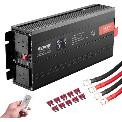 VEVOR Pure Sine Wave Inverter 3000W DC12V AC 230V преобразувател на напрежение 2 AC гнезда 2 USB порта 1 Type-C порт LCD дисплей и дистанционно управление за големи домакински уреди