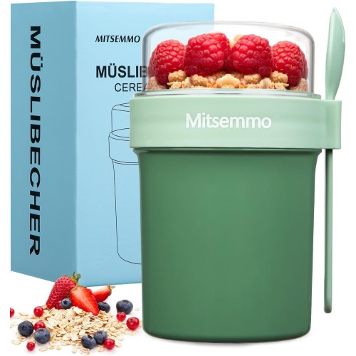 Cereal Cup to Go, 560 ml + 230 ml Yoghurt, Children's Cup to Go with Spoon, Cereal Bowl, Breakfast Box, Cereal Box, Yoghurt to Go Mug, Green