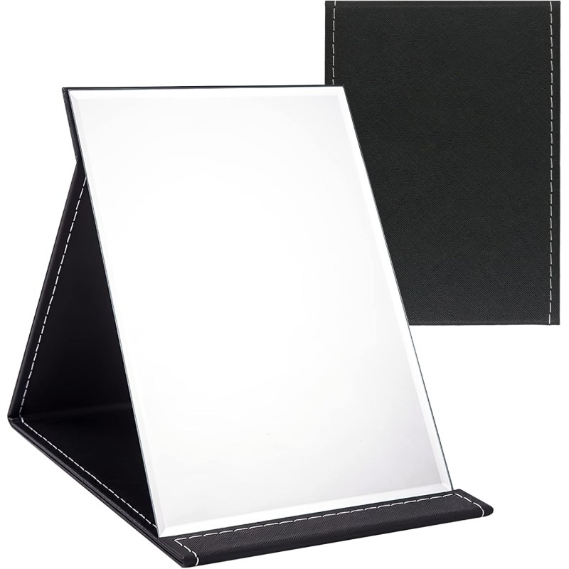 WISYOK Folding Travel Mirror, Table Mirror with Multiple Standing Angles, Folding Mirror with Black PU Leather, Super HD Make-Up Mirror, Hand Mirror, Compact Mirror, Cosmetic Mirror, Small, 16 x 12 cm