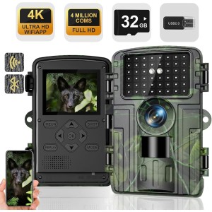 Wildlife Camera, 4K Video Wildlife Camera, 60MP Full HD WiFi with Mobile Phone Transmission App, Motion Sensor, Night Vision, 0.1s Trigger Time, Infrared Wildlife Camera with 32G Memory Card & Card