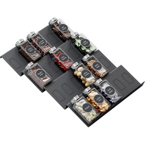 Famhap Spice Rack for Drawers, Spice Drawer Insert, 4 Tier Drawers Organiser System from 29.5 cm to 59 cm, Extendable Organiser for Kitchen, Worktop, Cabinet, Shelf, Black