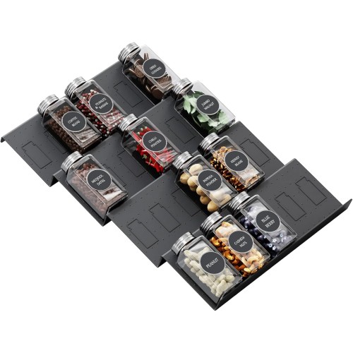 Famhap Spice Rack for Drawers, Spice Drawer Insert, 4 Tier Drawers Organiser System from 29.5 cm to 59 cm, Extendable Organiser for Kitchen, Worktop, Cabinet, Shelf, Black