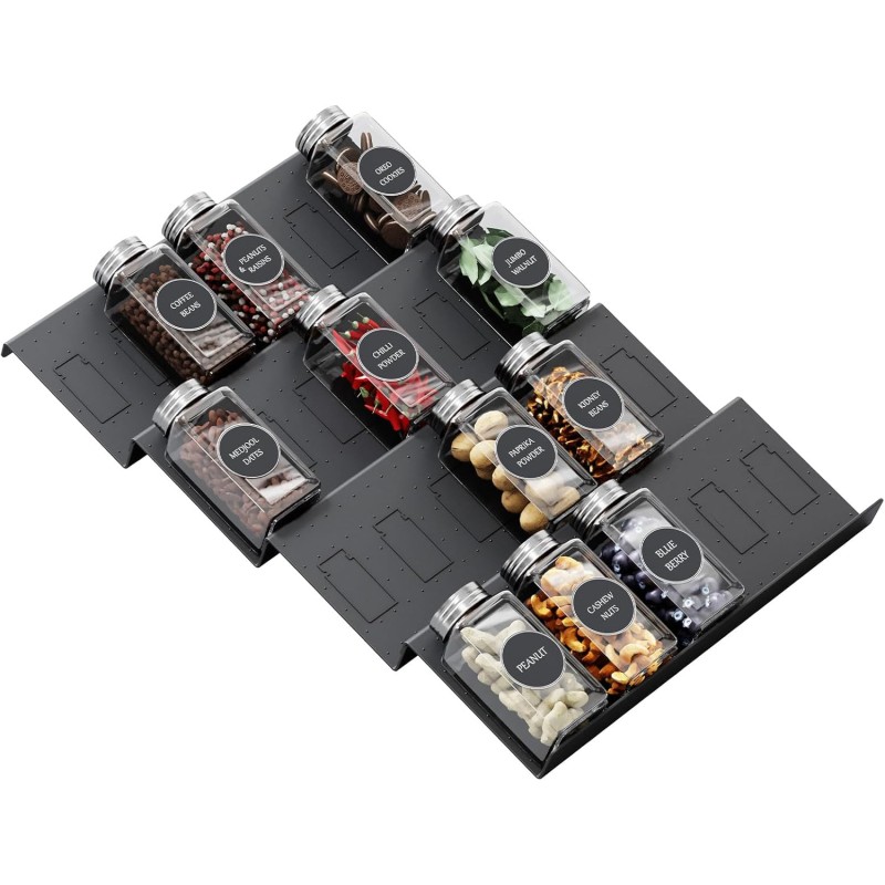 Famhap Spice Rack for Drawers, Spice Drawer Insert, 4 Tier Drawers Organiser System from 29.5 cm to 59 cm, Extendable Organiser for Kitchen, Worktop, Cabinet, Shelf, Black