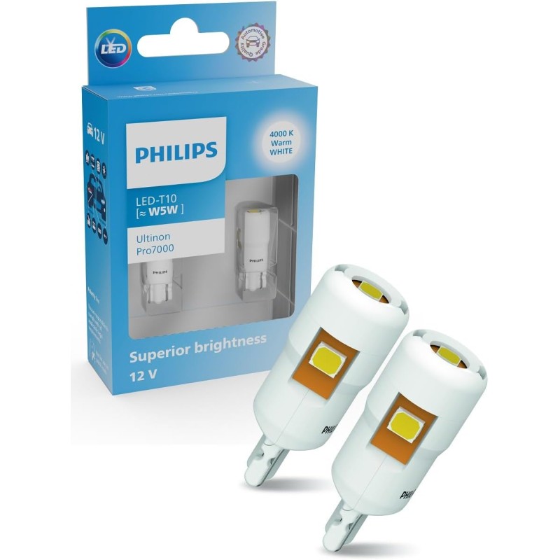 PHILIPS Ultinon Pro7000 LED T10 Car Signal Bulb, W5W, 4000K Warm White, 12V, Current Version