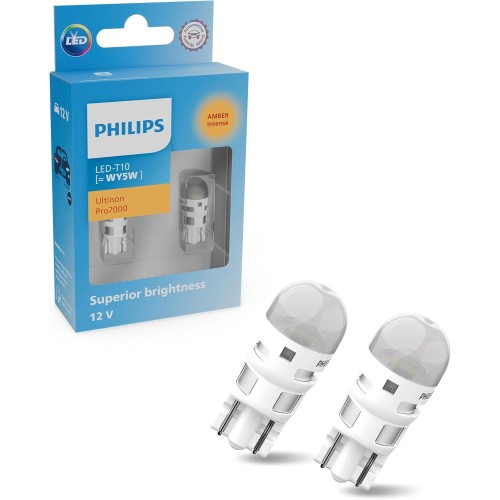 PHILIPS Ultinon Pro7000 LED T10 Car Signal Bulb, WY5W, Amber, 12V, Current Version