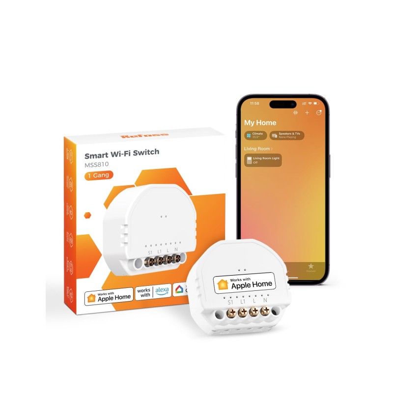 Refoss Mini Smart WLAN Relay Switch, 1-Way 1 Gang Light Switch with Apple HomeKit, Alexa & Google Home, 2.4 GHz, 250 V 10 A, 1 Piece (Requires Neutral Wire)