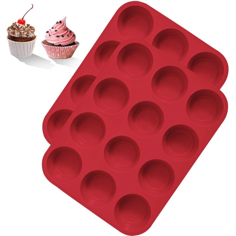 Pack of 2 Mini Muffin Moulds Silicone for 12 Muffins - Silicone Muffin Cases BPA Free with Non-Stick Coating, Easy to Release - Reusable Muffin Tray Easy to Clean, Dishwasher Safe (Red)