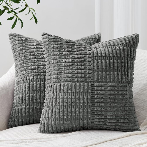 Topfinel Corduroy Cushion Cover, 30 x 30 cm, Set of 2, Dark Grey, Decorative Cushion Covers, Sofa Cushion, Boho Cushion Covers, Patchwork Euro Design Cushion Cover for Sofa, Living Room, Children's