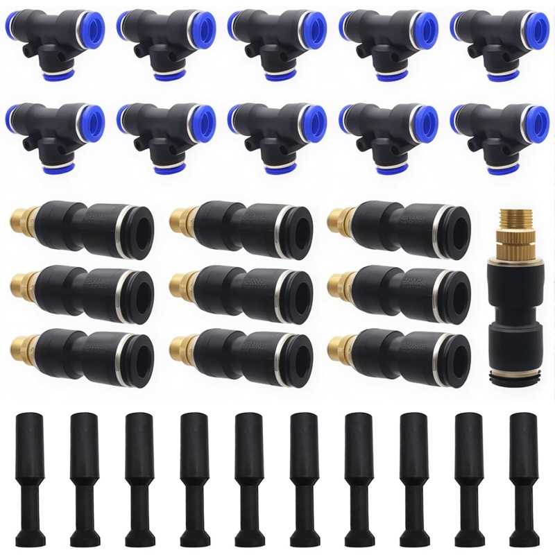 Water Nozzles Mist, Dujelixa Brass Straight Pass Irrigation Nozzle, 10 Pieces with 10 Pieces T Plug + 10 Pieces Choke Choke Irrigation Plugs for Watering, Greenhouse, Lawn