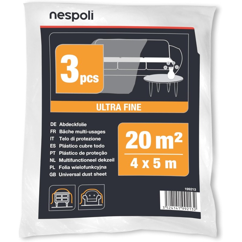Nespoli Set of 3 Tarpaulins, 4 x 5 m for Furniture and Interior Protection, Large and Durable Painter's Covers of 20 m² - Cover Made of Ultra Fine, Flexible and Tear Resistant