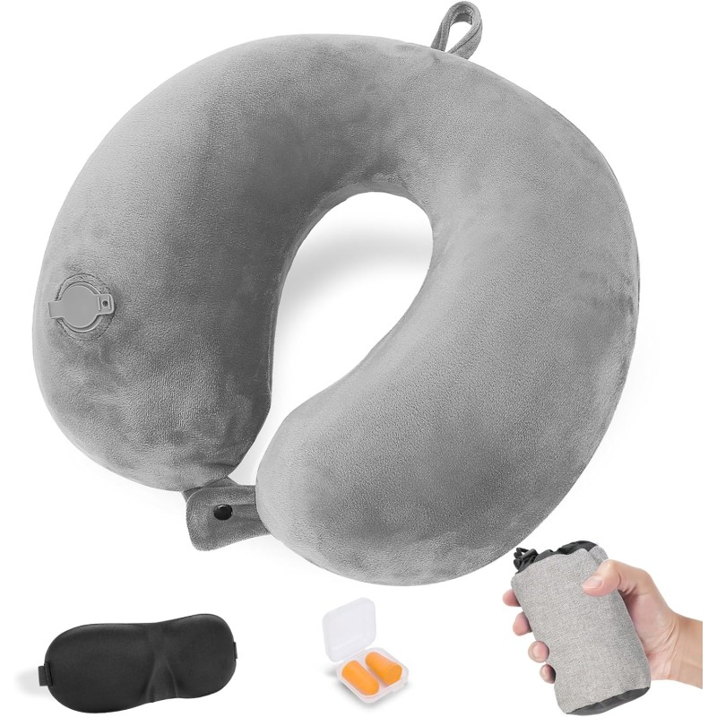Cirorld Aeroplane Inflatable Neck Pillow, Travel Pillow, Aeroplane Neck Pillow, Adult Inflatable Neck Pillow, Travel with Eye Mask and Earplugs (Grey)