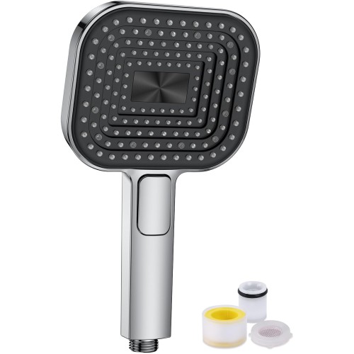 Shower Head, Water-Saving, Shower Head Large 135 mm, Hand Shower with Anti-Limescale Function, Food-Grade Silicone, 43% Water Saving, AirMix Shower Head with 3 Jet Types, Chrome (Without Hose)