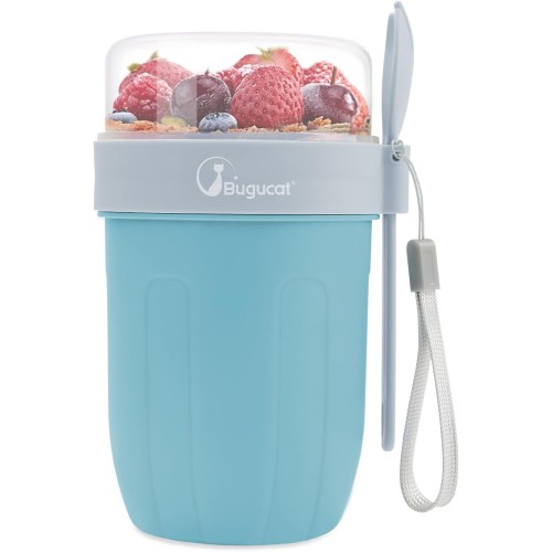 Bugucat Cereal Cup to Go 660 ml + 260 ml, 2-in-1 Yoghurt Cup to Go Cup with Spoon, Leak-Proof Lunch Pot Cereal Box, On the Go Cereal Bowl Yoghurt to Go for Picnic, Blue
