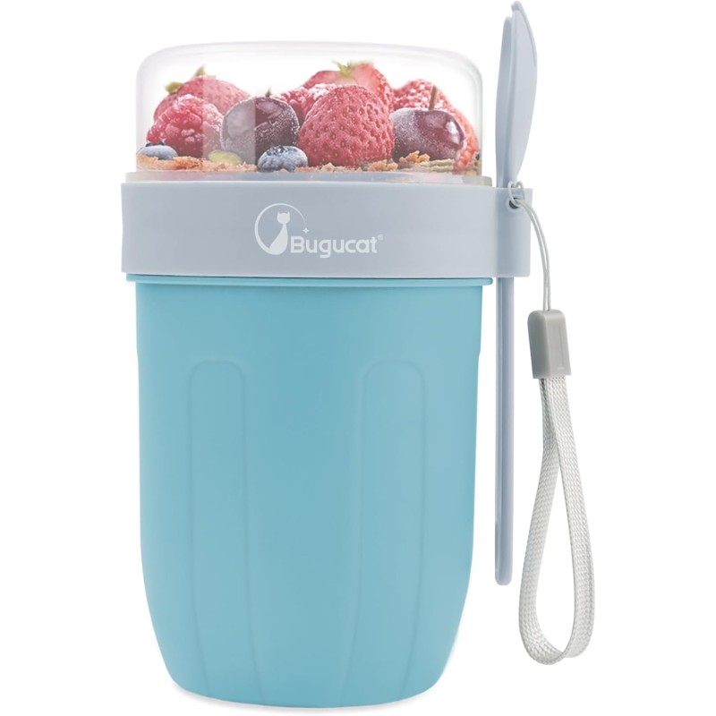 Bugucat Cereal Cup to Go 660 ml + 260 ml, 2-in-1 Yoghurt Cup to Go Cup with Spoon, Leak-Proof Lunch Pot Cereal Box, On the Go Cereal Bowl Yoghurt to Go for Picnic, Blue