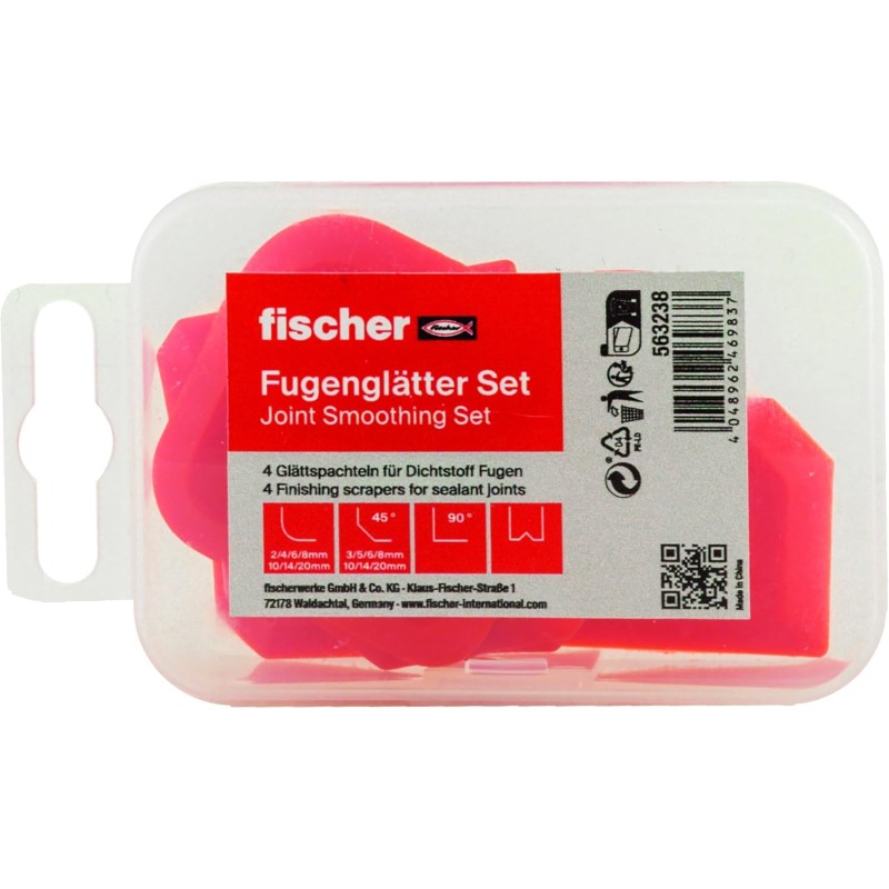 fischer Fugis Joint Smoother Set, Universal Joint Smoother Set for an Even Joint Surface, Set of 4 with Different Radii and 45° Angle in Practical Plastic Box