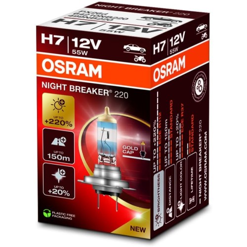 OSRAM Night Breaker 220 64210NB220, H7, 220% More Brightness, Halogen Headlight Bulb, Folding Box (1 Bulb)