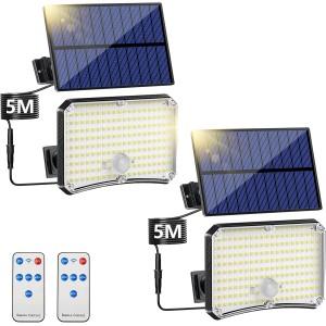 TOPPELIGHT Solar Lights for Outdoor Use, Pack of 2 Solar Lights with Motion Sensor, 200 LEDs, Solar Lights for Outdoor Use, 4 Modes, IP65 Waterproof Solar Spotlight with 5 m Cable