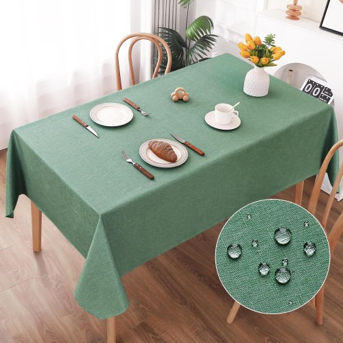 AooHome Washable Tablecloth, Green Tablecloths, 130 x 160 cm, Linen Look, Polyester Tablecloth, Water-Repellent with Lotus Effect, Durable Scratch-Resistant for Living Room, Dining Room, Balcony,