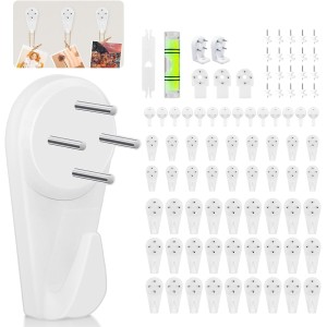 VEPEPE Пакет от 90 безследни куки за картини, без пробиване, невидими куки за заковаване, бели с перила и нивелир за рамки, 3 дизайна, безследни куки за стена без следи за окачване