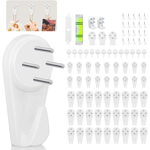 VEPEPE Pack of 90 Traceless Picture Hooks No Drilling Invisible Hooks for Nailing, White with Handrails and Frame Leveler, 3 Designs, Traceless Wall Hooks with Non Trace for Hanging
