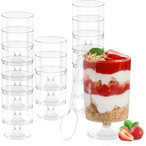 LYLIDIA Pack of 25 Dessert Glasses Plastic Dessert Bowls Desert Cups 120 ml / 4 oz Small Plastic Cups Round Transparent Plastic Cups for Weddings Parties DIY Desserts Pudding Mousse Appetizer