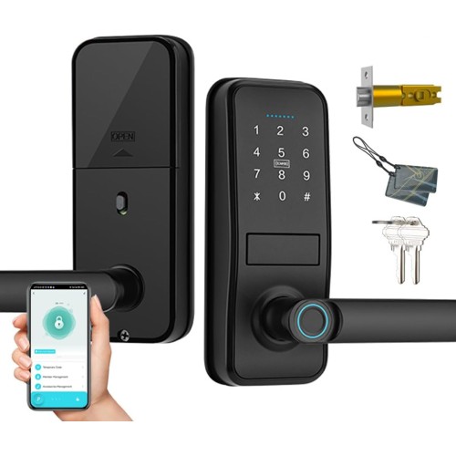 Smart Lock, Keyless Entry with Sleek Matte Black Handle, Electronic Keypad Deadbolt, Fingerprint & Touchscreen Keypad, Biometric Bluetooth Smart Lock for Front Door