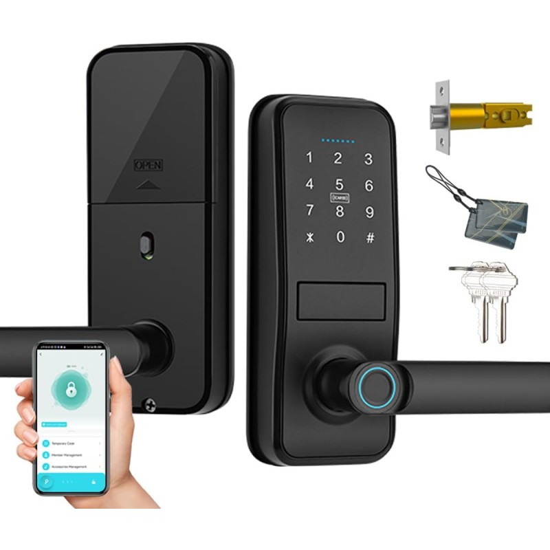 Smart Lock, Keyless Entry with Sleek Matte Black Handle, Electronic Keypad Deadbolt, Fingerprint & Touchscreen Keypad, Biometric Bluetooth Smart Lock for Front Door