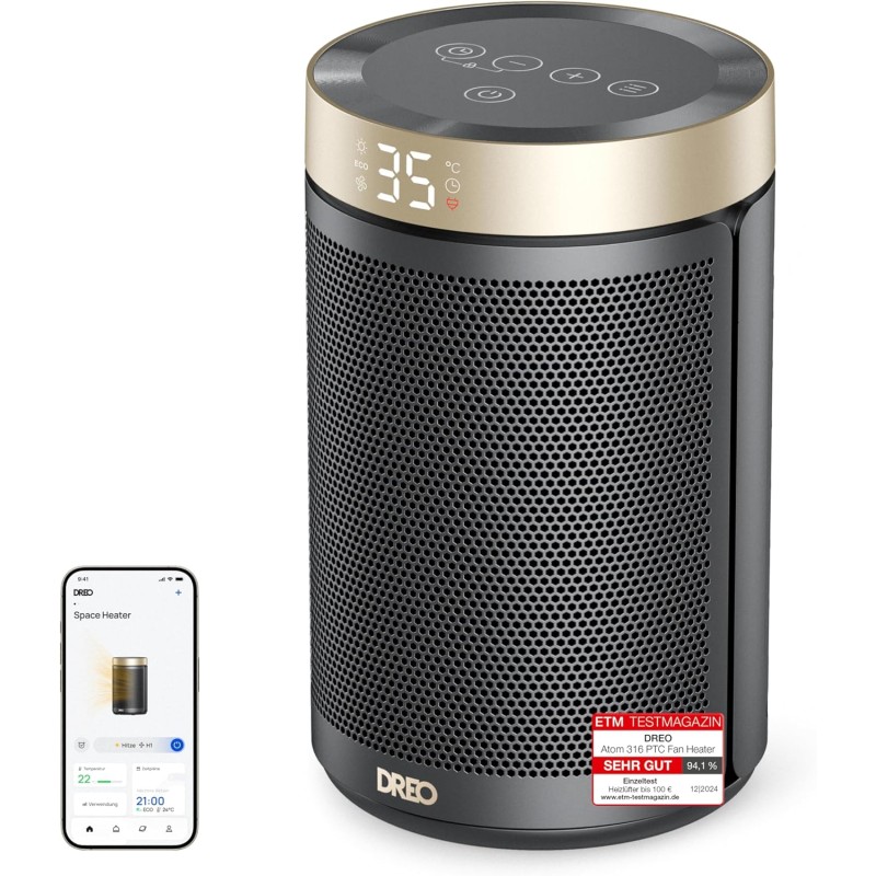 Dreo Smart Electric Heater, 1500W Energy Efficient Space Silent Room Heater, Portable Ceramic Fan Heaters, Thermostat 3 Modi 12H Timer, Overheat & Tip Over Protection, for Bedroom, Atom 316 S, Gold
