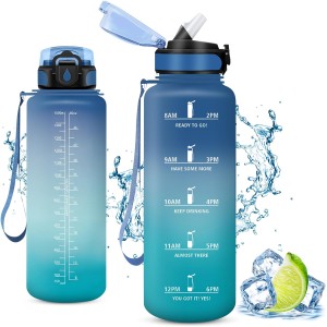 Vikaster Sports Water Bottle, Water Bottle with Straw 1.5 L, Leak-Proof, BPA-Free, Sports Bottle for Camping, Yoga, Gym, Outdoors, B-Blue + Green