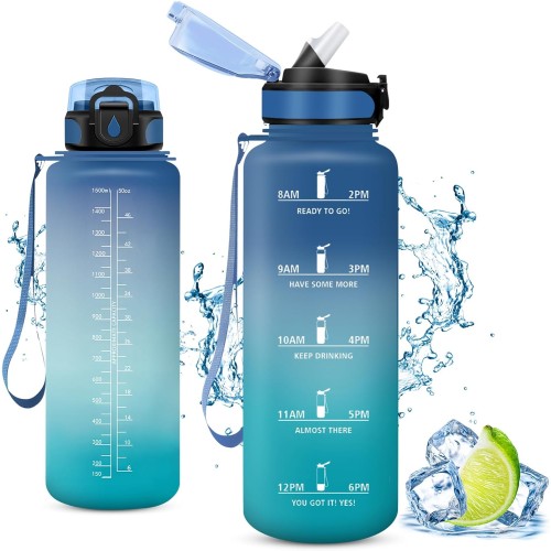Vikaster Sports Water Bottle, Water Bottle with Straw 1.5 L, Leak-Proof, BPA-Free, Sports Bottle for Camping, Yoga, Gym, Outdoors, B-Blue + Green