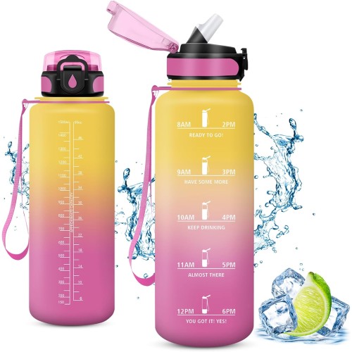 Vikaster Fitness Water Bottle, Water Bottle with Straw 1.5 Litre, Leak-Proof Drinking Bottle, BPA-Free, Sports Bottle for Camping, Yoga, Gym, Outdoors, B-Yellow + Pink