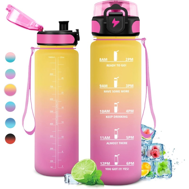 Drinking Bottle 500 ml/1 L, Water Bottle with Time Marking and Filter, Leak-Proof Water Bottle, Carbonated Drinks, Suitable for Bicycle, School, Girls, Sports