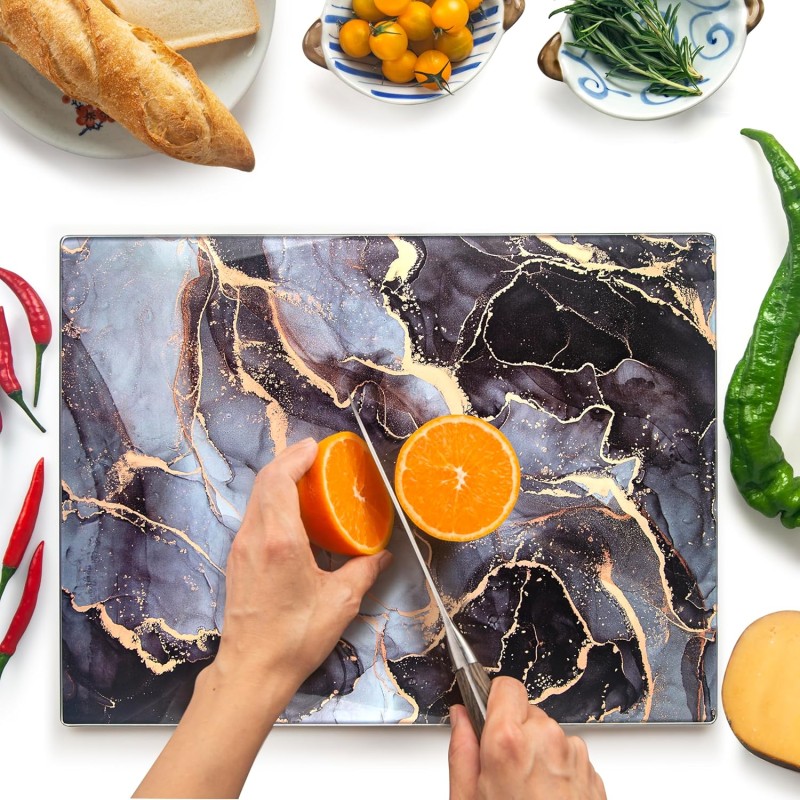 Kitchenville Glass Chopping Board 40 x 30 cm - Hygienic Tempered Glass Chopping Board - Heat Resistant, Scratch Resistant & Non-Slip - Glass Top for Kitchen - Grey & Gold