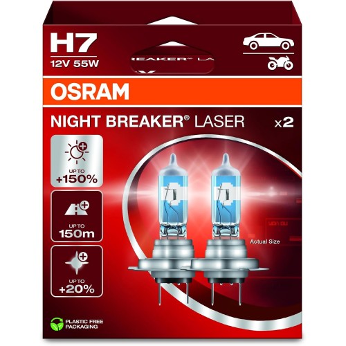 Osram Night Breaker Laser H7, +150% More Brightness, Halogen Headlight Bulb, 64210NL-2HB, 12 V Car, Hanging Box (2 Lamps)