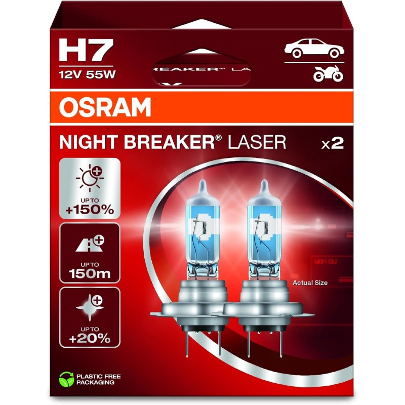 Osram Night Breaker Laser H7, +150% More Brightness, Halogen Headlight Bulb, 64210NL-2HB, 12 V Car, Hanging Box (2 Lamps)