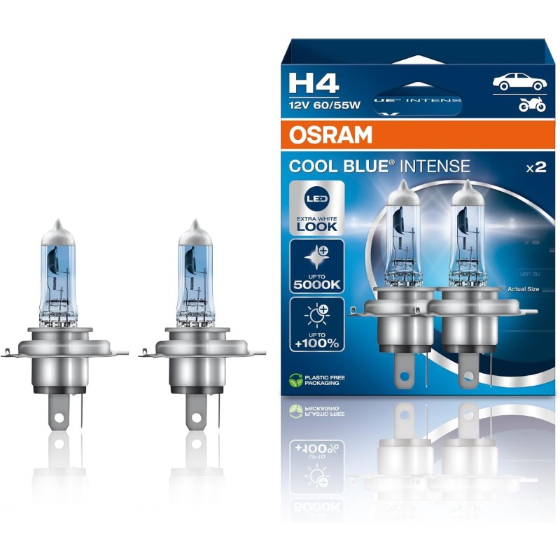 Osram Cool Blue® Intense H4, +100% More Brightness, Up to 5,000 K, Halogen Headlamp, LED Look, Hanging Folding Box (2 Lamps)