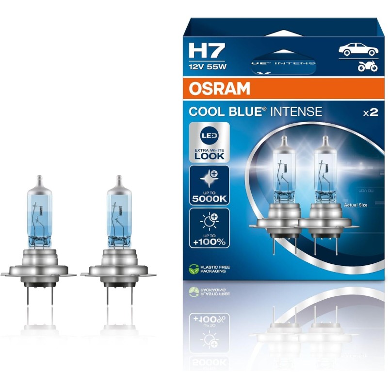 Osram Cool Blue® Intense H7, +100% More Brightness, Up to 5,000 K, Halogen Headlamp, LED Look, Hanging Folding Box (2 Lamps)