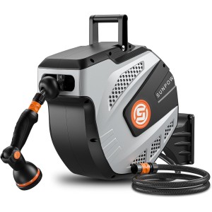 SUNPOW Wall Hose Box RollUp 15 m Hose Reel Wall Mounted with 10 Function Sprayer Nozzle - Any Length Lock & Auto Rewind System, 180° Swivelling - Grey