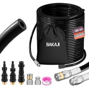 BAKAJI High Pressure Pipe Purge Probe 200 Bar, Anti-Kink System with Case, 3 Adapters, 2 Fixed and Rotary Nozzles, Compatible with Kärcher K2-K7 Lavor Pressure Washer (30 Metres with Bag)