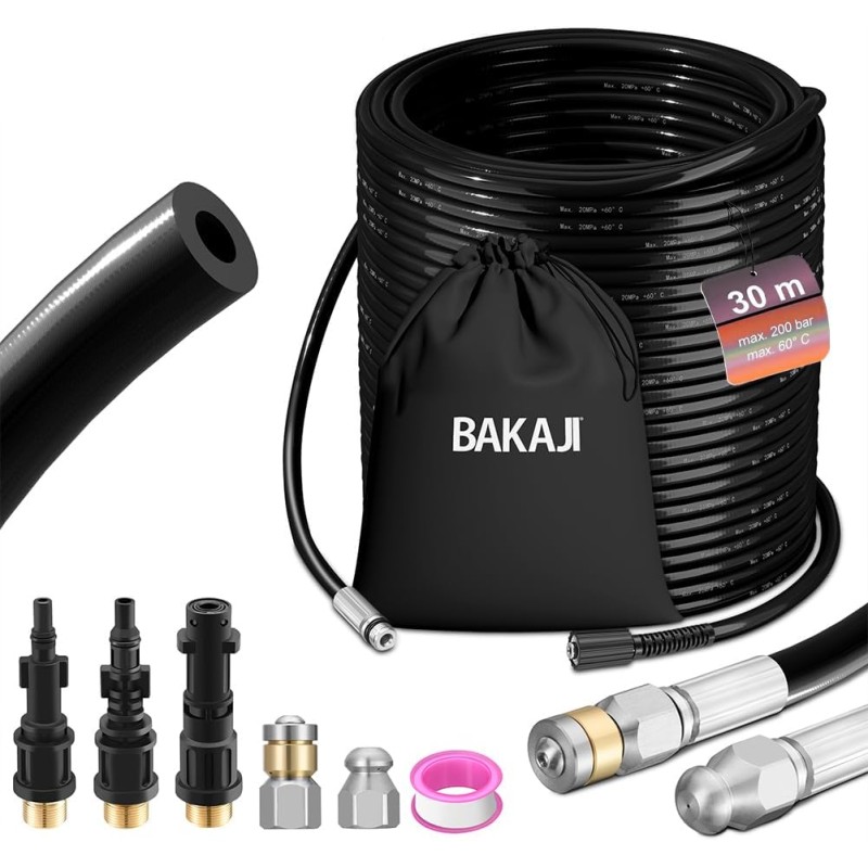 BAKAJI High Pressure Pipe Purge Probe 200 Bar, Anti-Kink System with Case, 3 Adapters, 2 Fixed and Rotary Nozzles, Compatible with Kärcher K2-K7 Lavor Pressure Washer (30 Metres with Bag)
