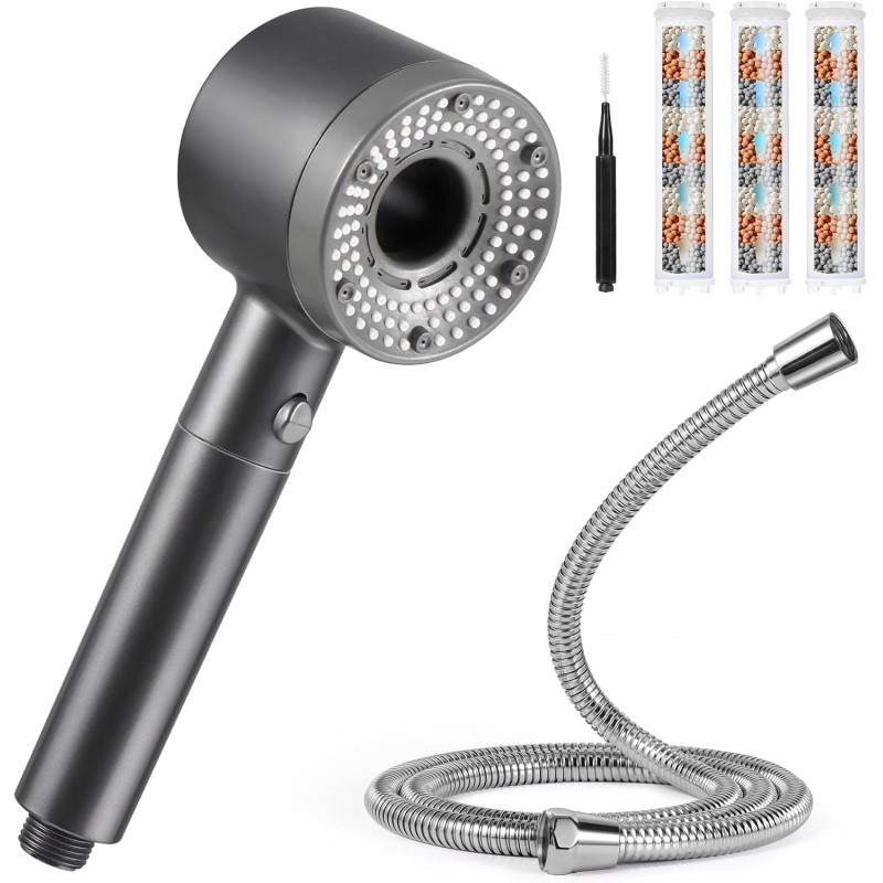 Blendura Water-Saving Shower Head with Hose 1.5 m, Anti-Limescale Function Shower Head with 3-Layer Filtration, 5 Jet Types Rain Shower Head