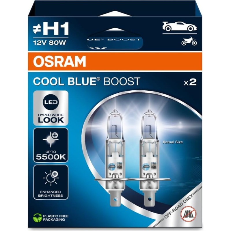 Osram Cool Blue Boost H1 Halogen Headlight Bulbs, Hanging Box, Offroad