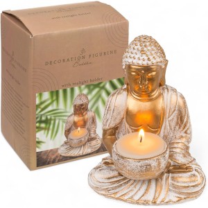 MIJOMA Gold & White Vintage Look Polyresin Buddha Figurine 14-34 cm Height Optional with Tea Light Holder - Spiritual Peace and Elegance (10 x 8.5 x 14 cm with Tea Light Holder)