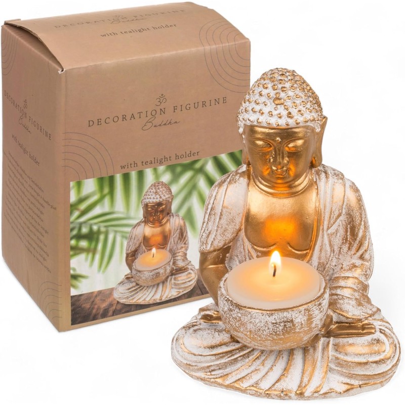 MIJOMA Gold & White Vintage Look Polyresin Buddha Figurine 14-34 cm Height Optional with Tea Light Holder - Spiritual Peace and Elegance (10 x 8.5 x 14 cm with Tea Light Holder)