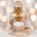 MIJOMA Gold & White Vintage Look Polyresin Buddha Figurine 14-34 cm Height Optional with Tea Light Holder - Spiritual Peace and Elegance (10 x 8.5 x 14 cm with Tea Light Holder)