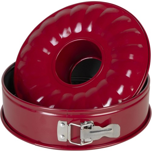 wenco Springform Cake Tin 26 cm Flat and Tube Base 2 Base Round Baking Tin Leak-Proof Non-Stick Red